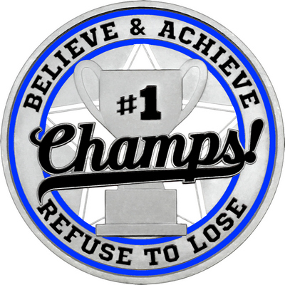 Black "Champs!" with Royal Blue Outer Circular Borders